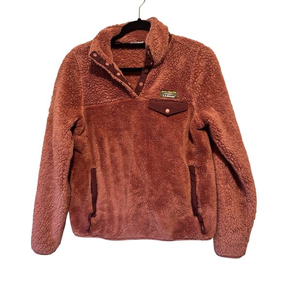 LL Bean Snap Fleece Pullover Sherpa Women XS Peach Red Hi-Pile Cozy Fall Sweater - Picture 1 of 11